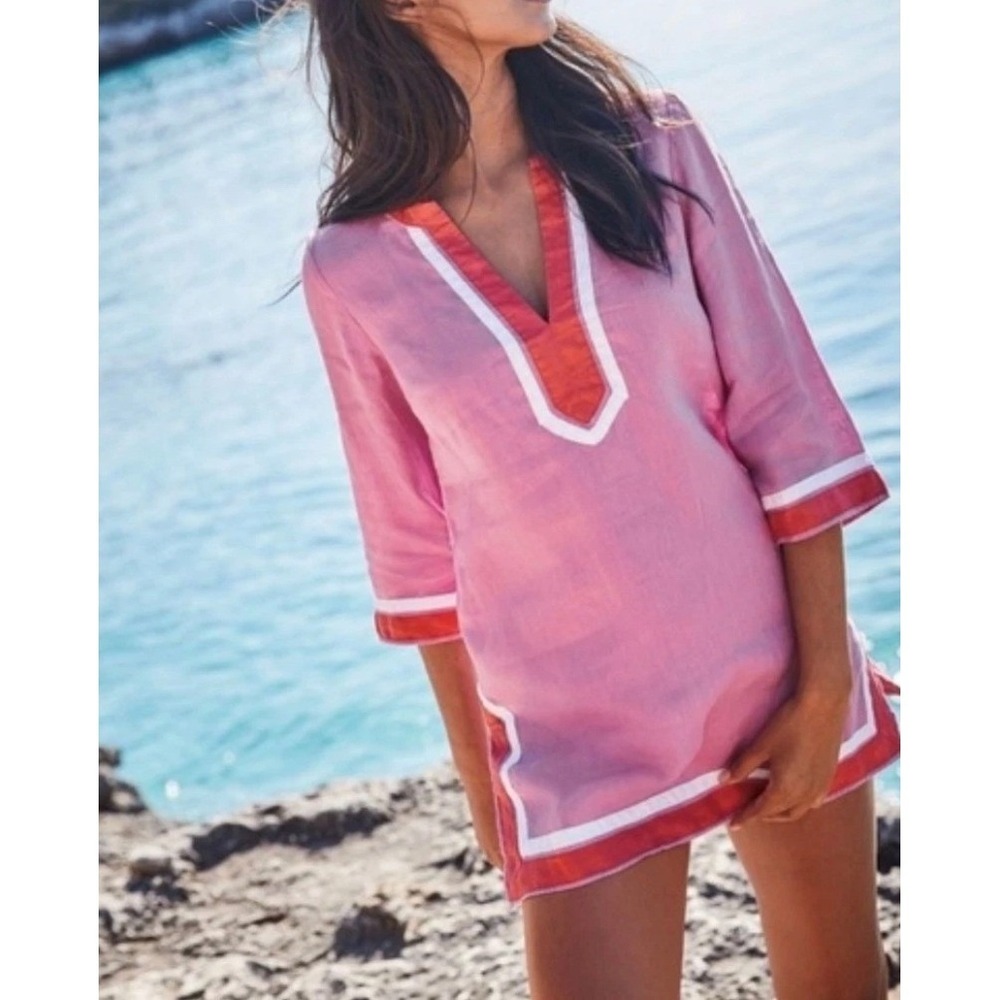 Boden Pink‎ 100% Linen Tunic Top V-Neck 3/4 Sleeve Summer Spring Women's 10R EUC